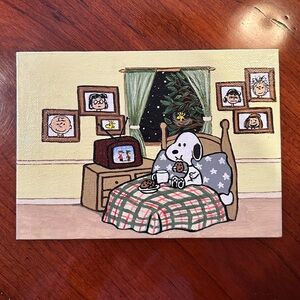Snoopy in Bed Eating Cookies & Milk Art Painting